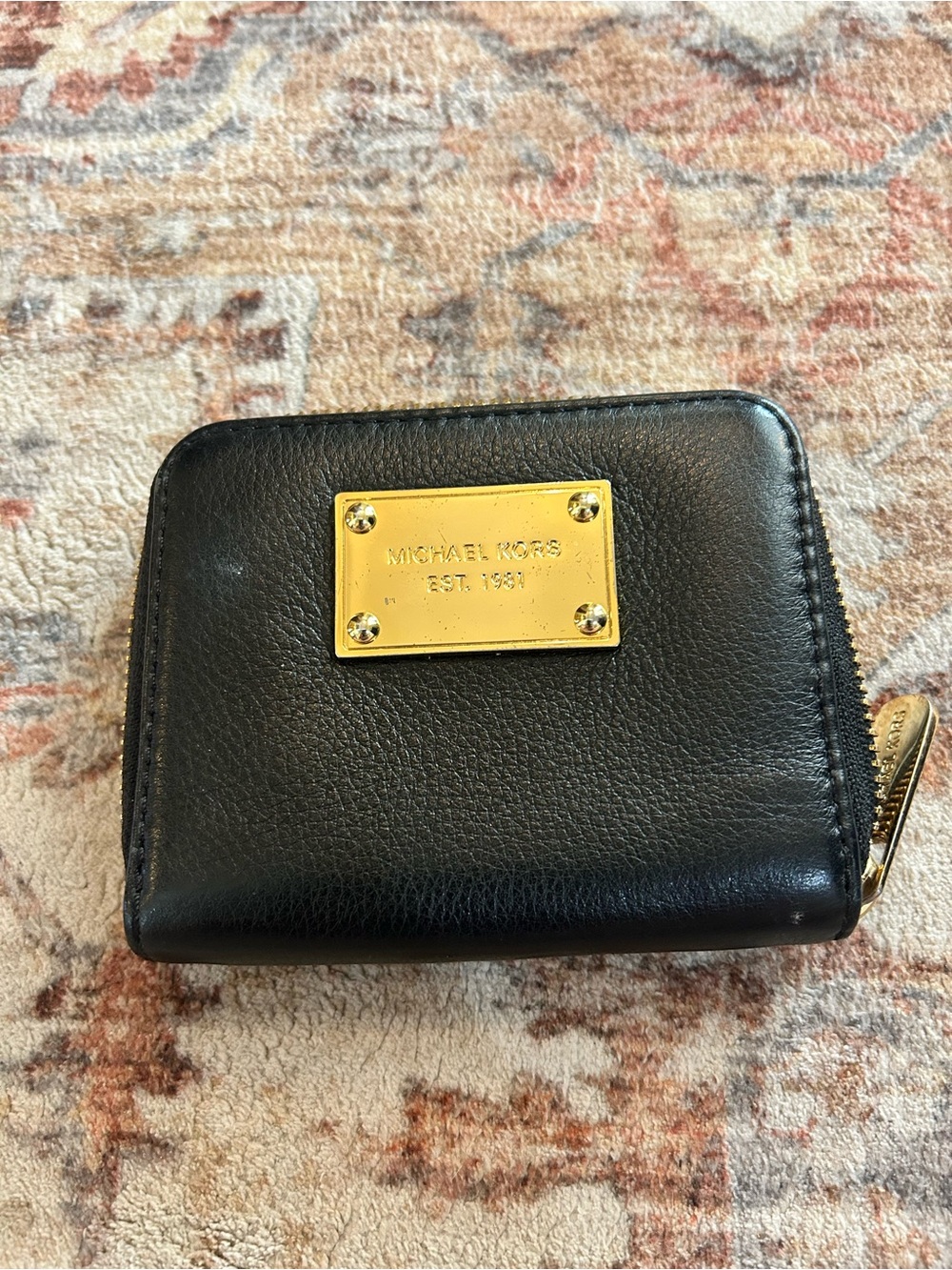 Michael Kors Black Leather Zip Card & Coin Holder with Gold Plate